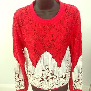 Red top new with lace and pearls